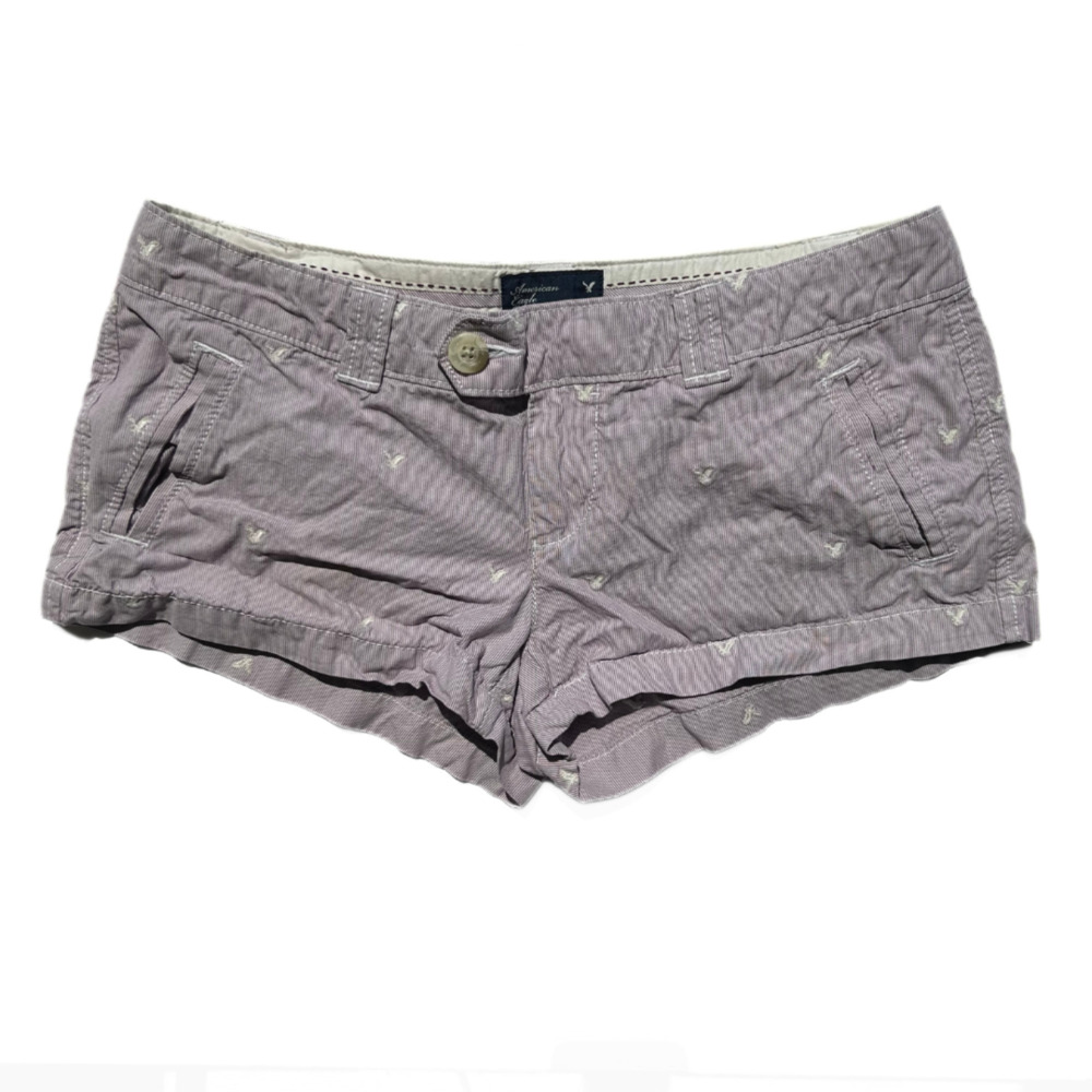 American Eagle White Seersucker Cotton Roll Up Embroidered Logo Shorts Sz 2